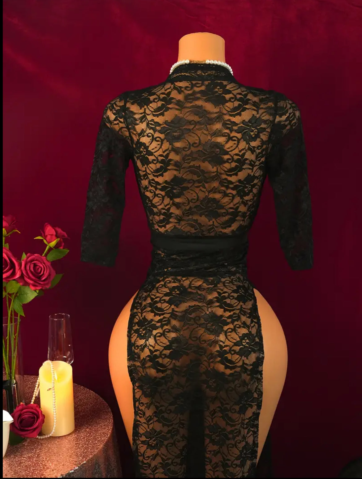 “Lily” Sexy Women's Lingerie, Black Sheer Lace Nightgown Dress | One Size