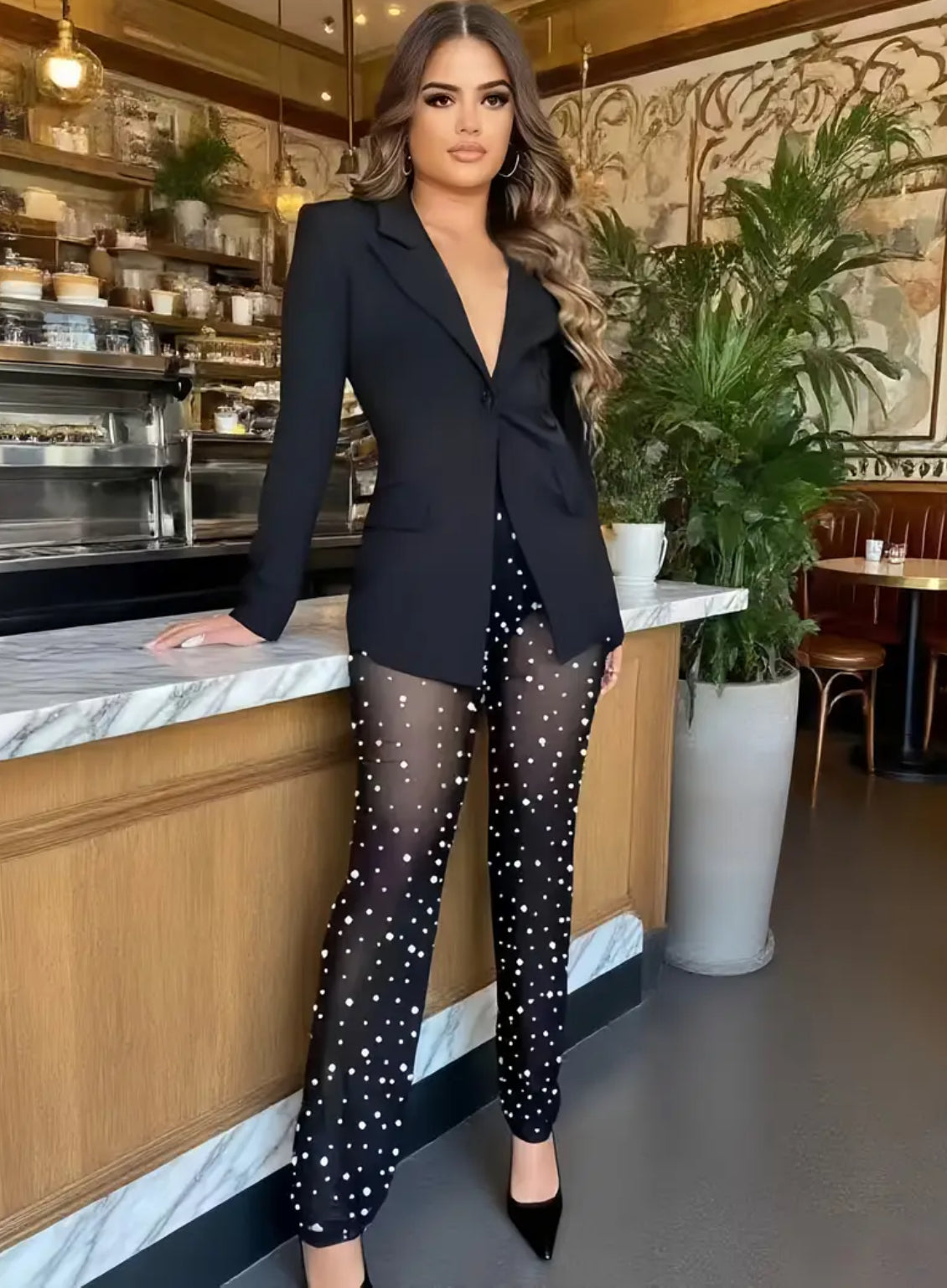 “Noir & Pearls” 2pcs Set Deep V-Neck Slim Fit Blazer + Sheer Mesh Pearl Embellished See-Through Pants