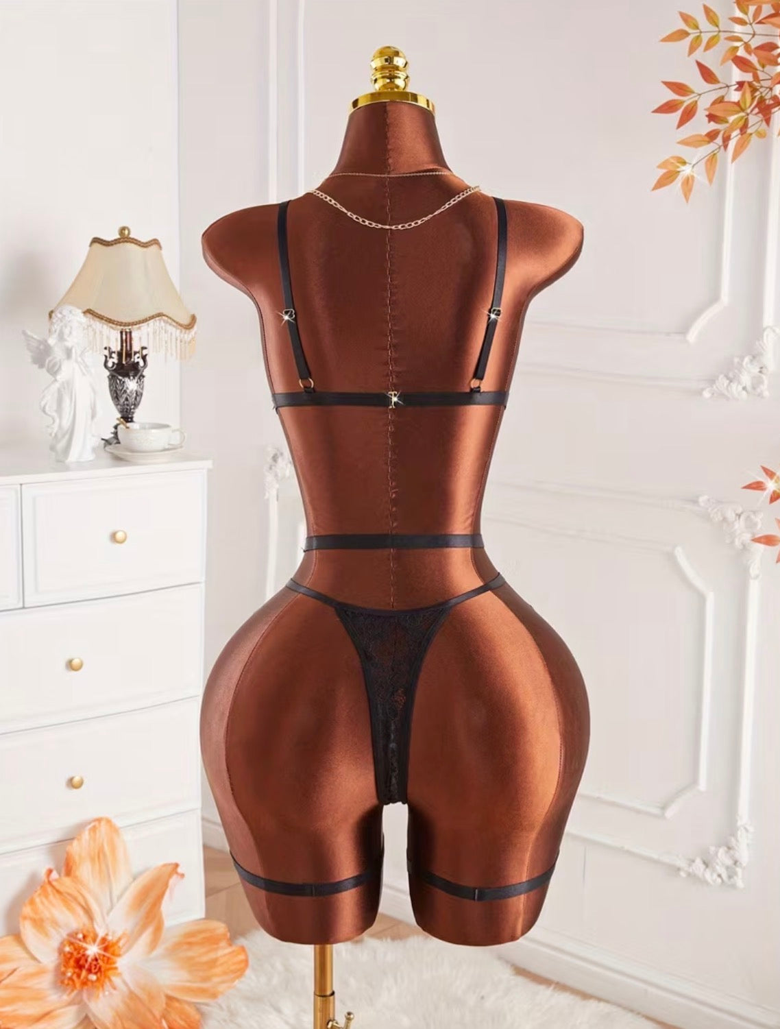 “Fantasy” Black Lace Hollow-Out Shaping Lingerie with Garter Chain Detailing 