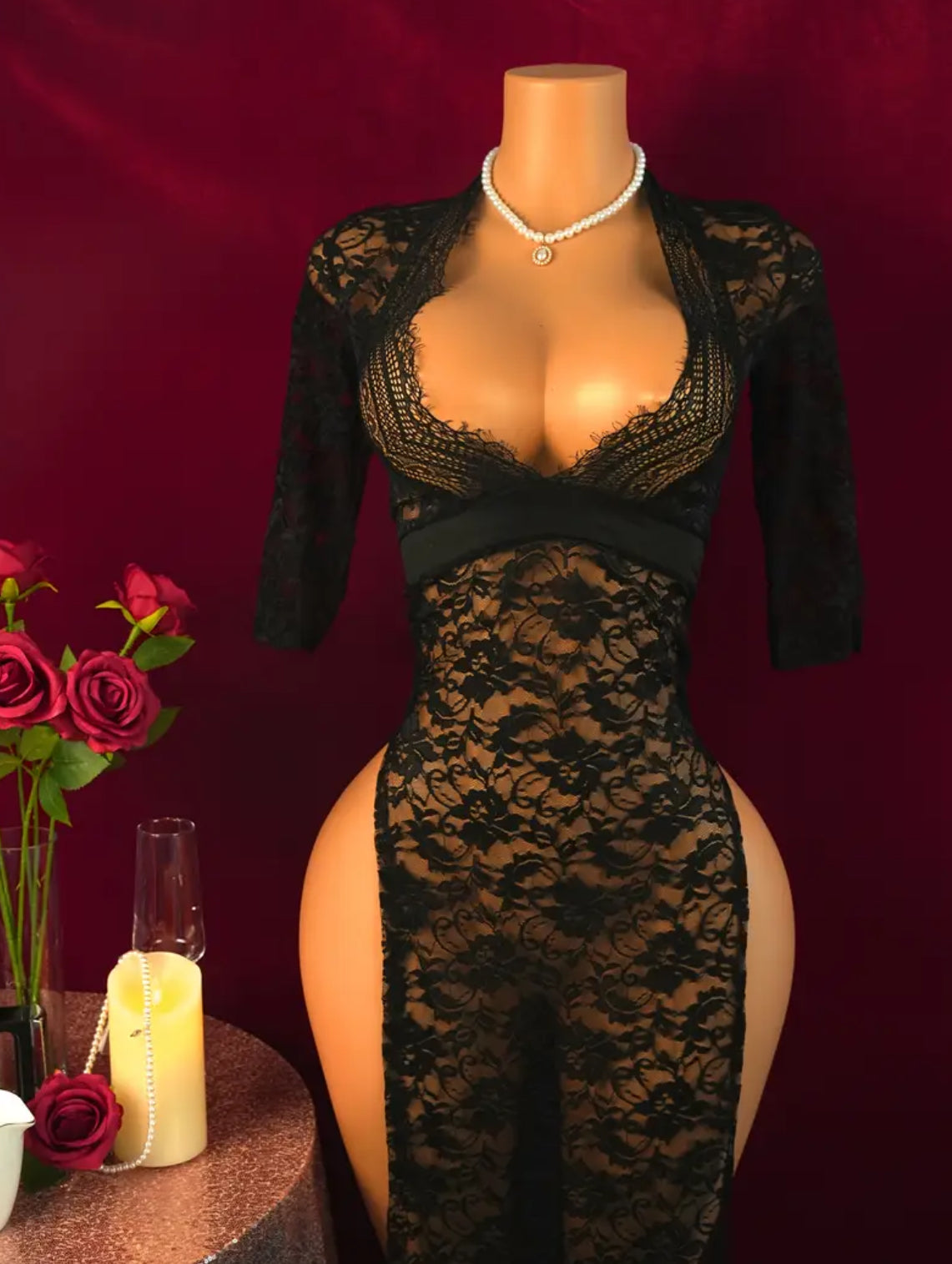“Lily” Sexy Women's Lingerie, Black Sheer Lace Nightgown Dress | One Size