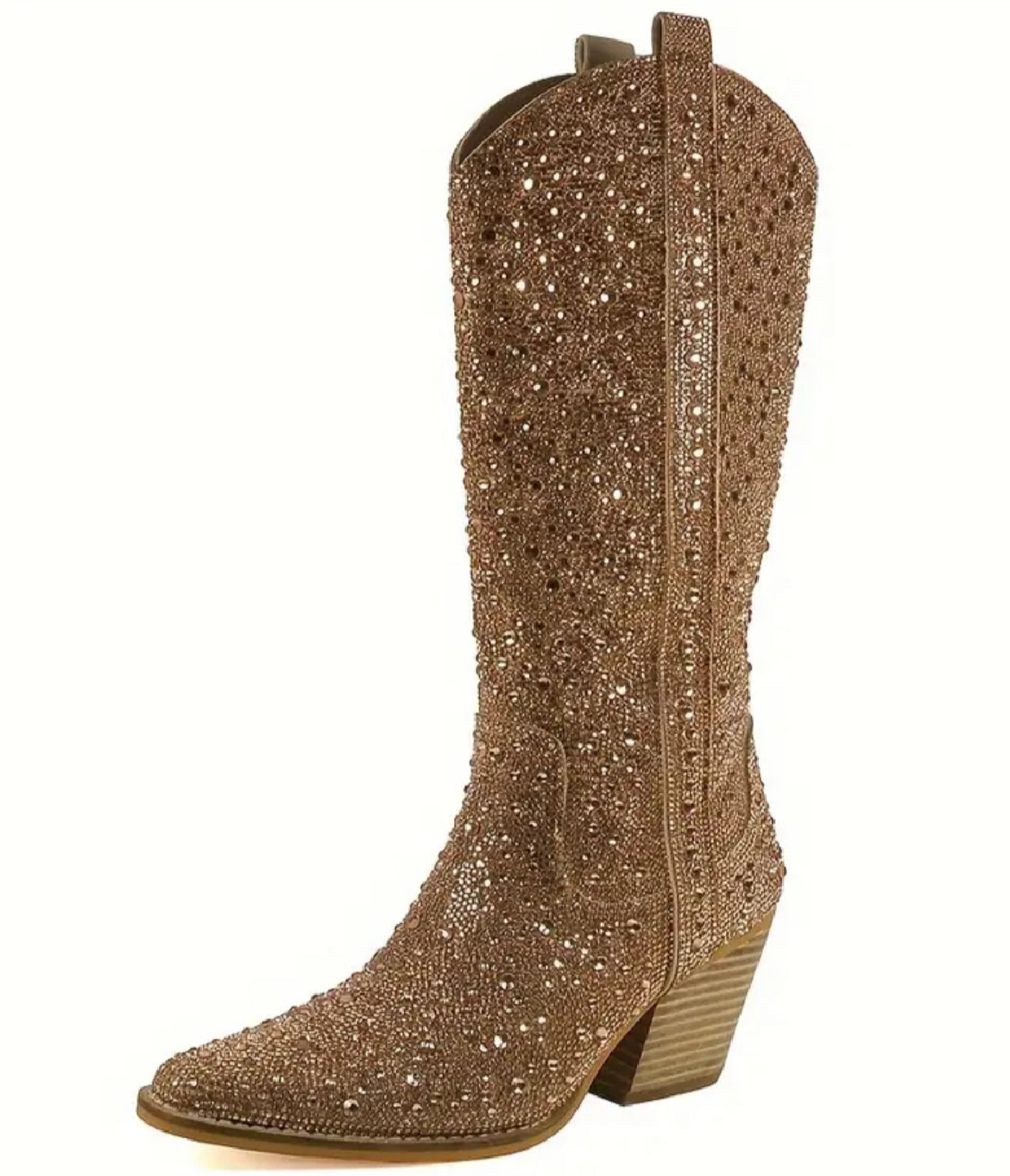 “Crystals” Pointed Toe, Mid-Calf Block/Stacked Heel Boots
