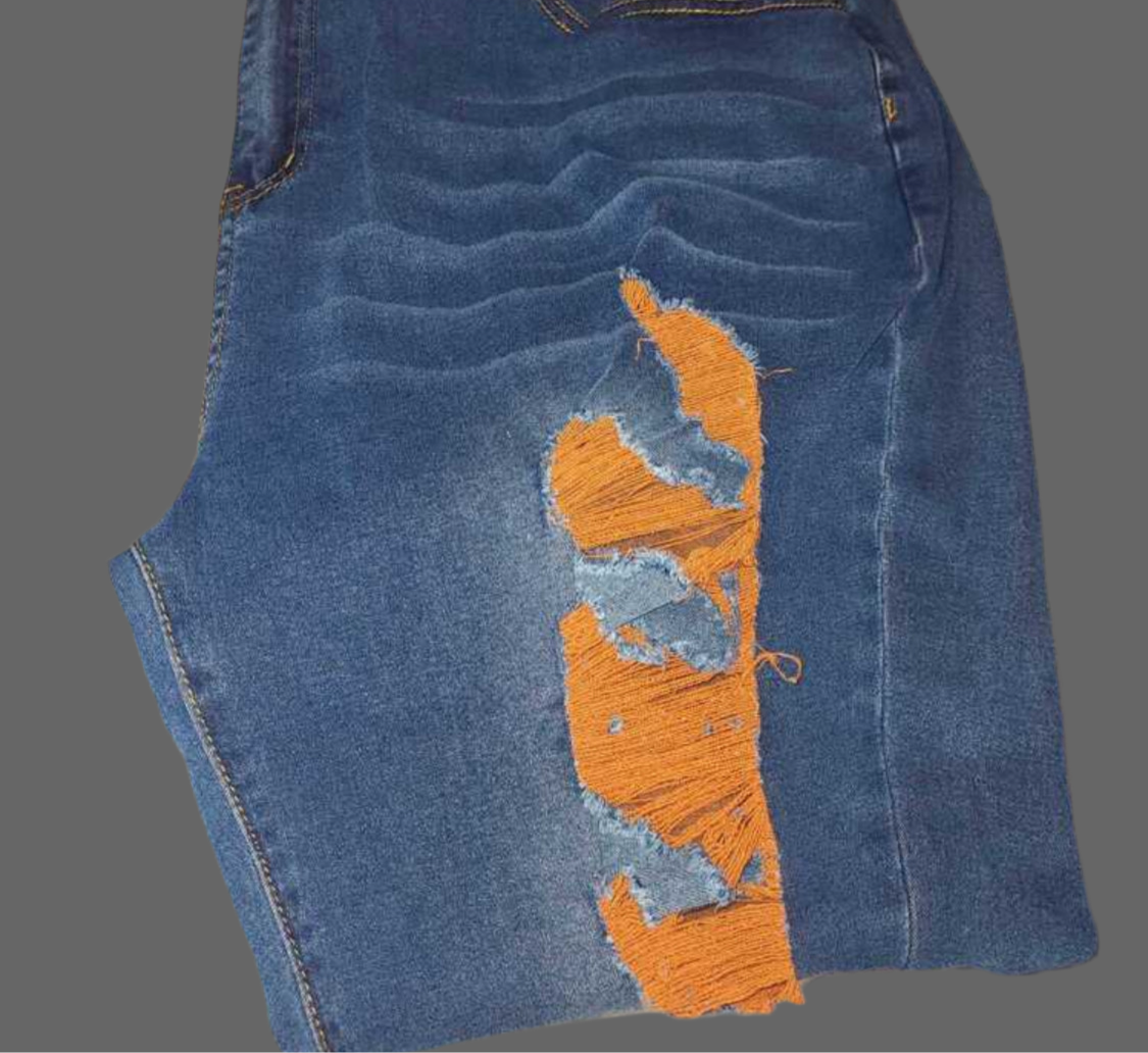 ‘Citrus’ Posh Curve Orange Ripped Blue Denim Skinny Jeans