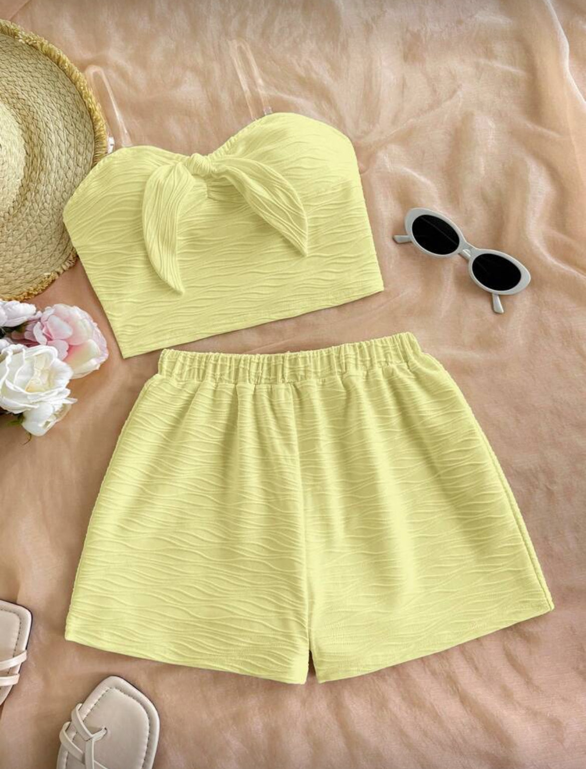 2pcs Tween Girls' Tie-Up Bow Cami Top And Shorts Set