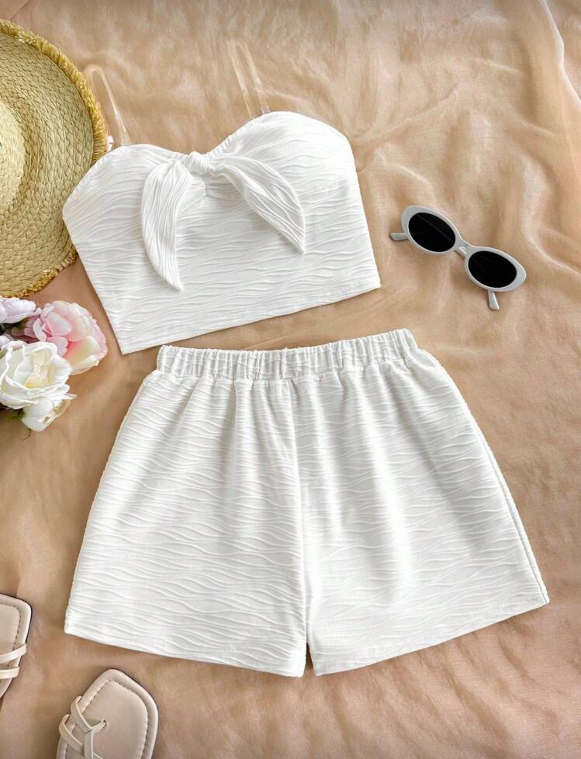 2pcs Tween Girls' Tie-Up Bow Cami Top And Shorts Set