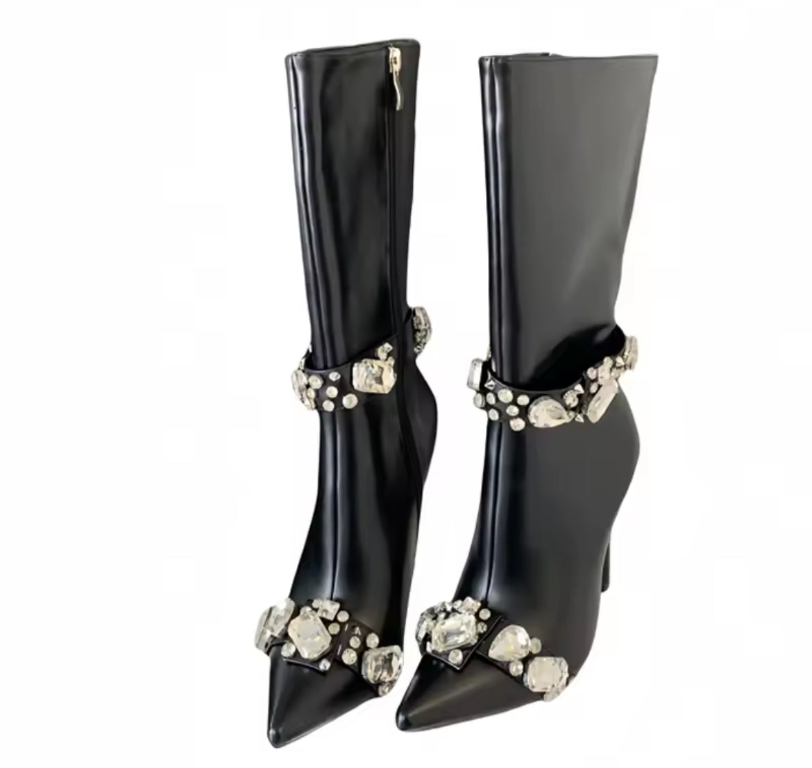 Women's Sleek Mid-Calf Leather Boots, Adorned With Sparkling Crystal Diamonds