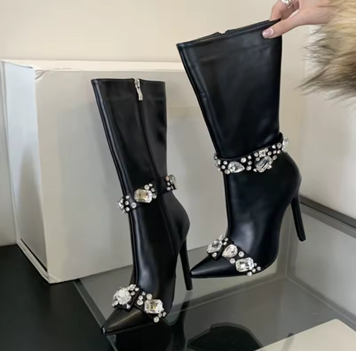 Women's Sleek Mid-Calf Leather Boots, Adorned With Sparkling Crystal Diamonds
