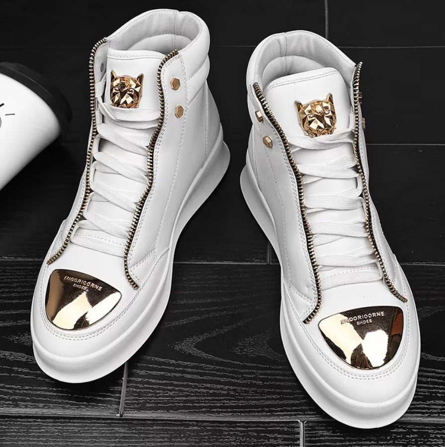 Men's High-Top Sneakers Faux Zipper Cover Upper Golden-Tone Hardware Streetwear 