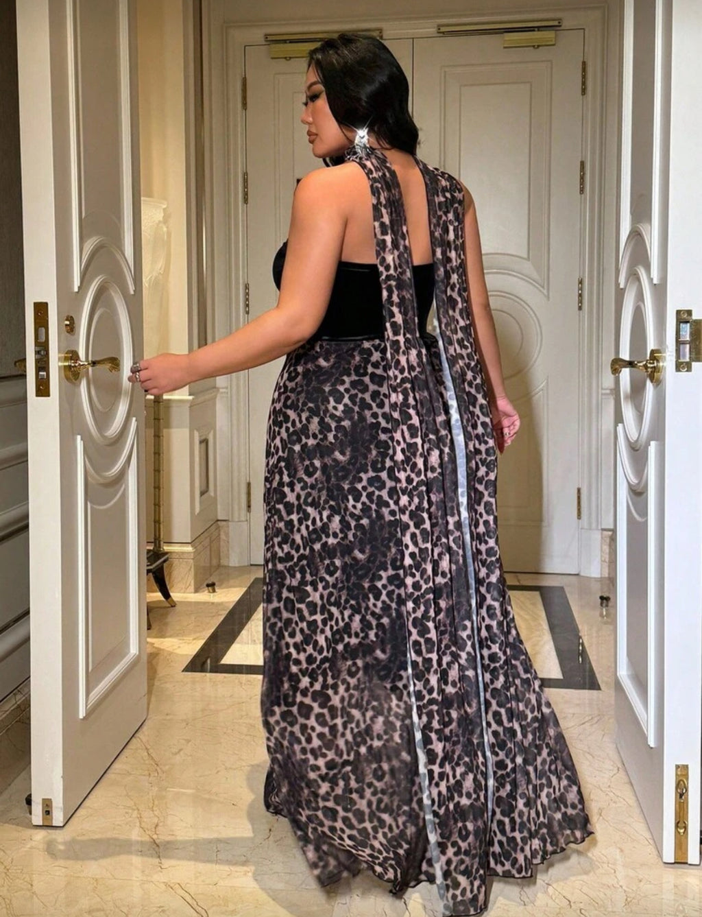 “Velvet Black Cheetah” Evening Dress Plus Size with Scarf