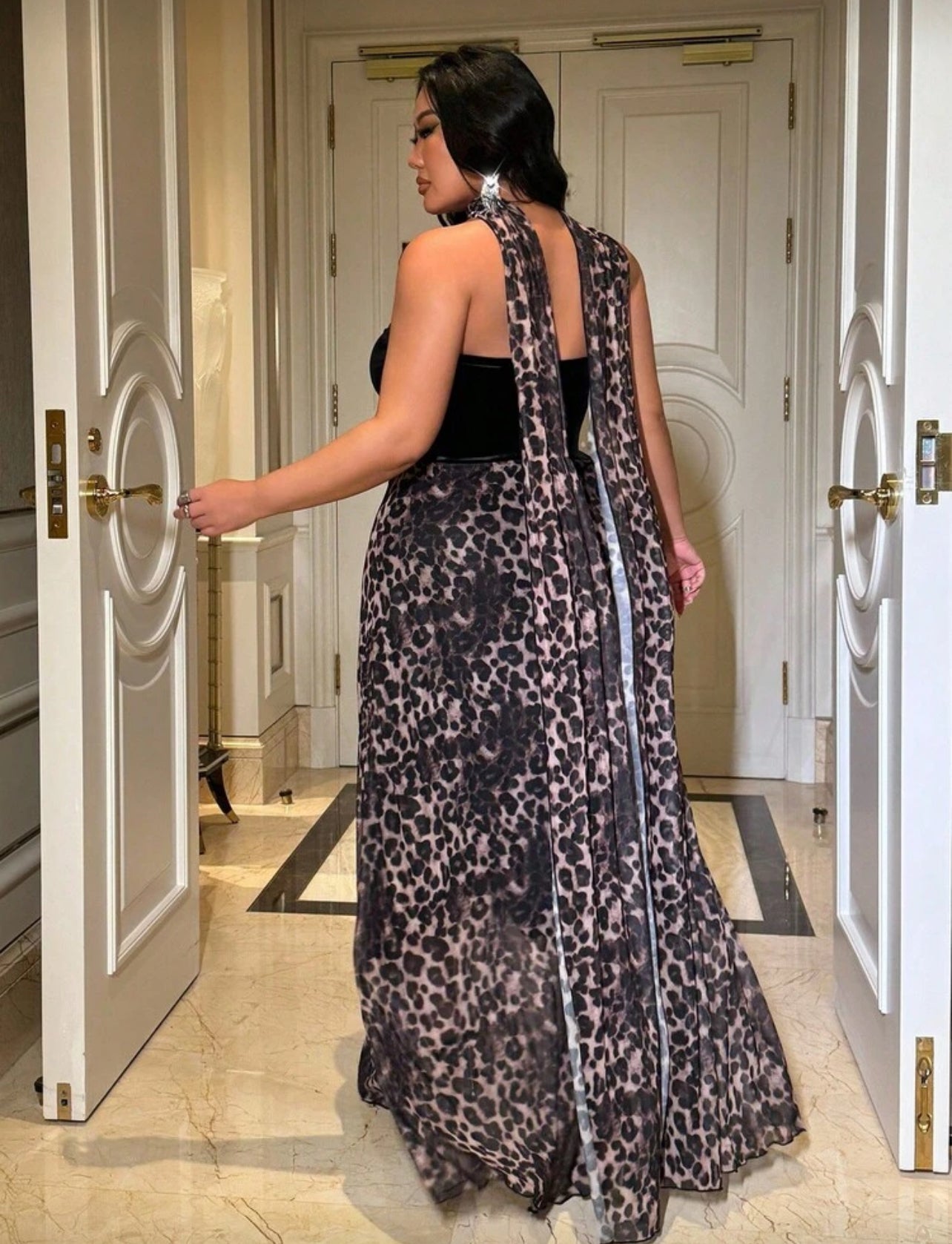 “Velvet Black Cheetah” Evening Dress Plus Size with Scarf