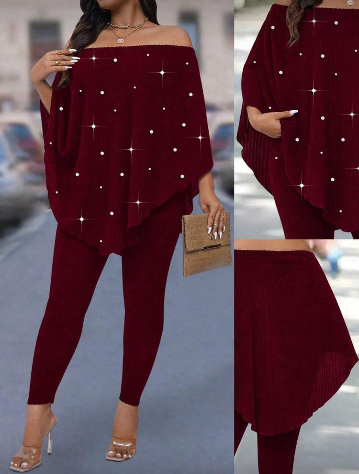 Plus Posh Curves Ribbed Beaded Off Shoulder Top And Leggings Two Piece Set