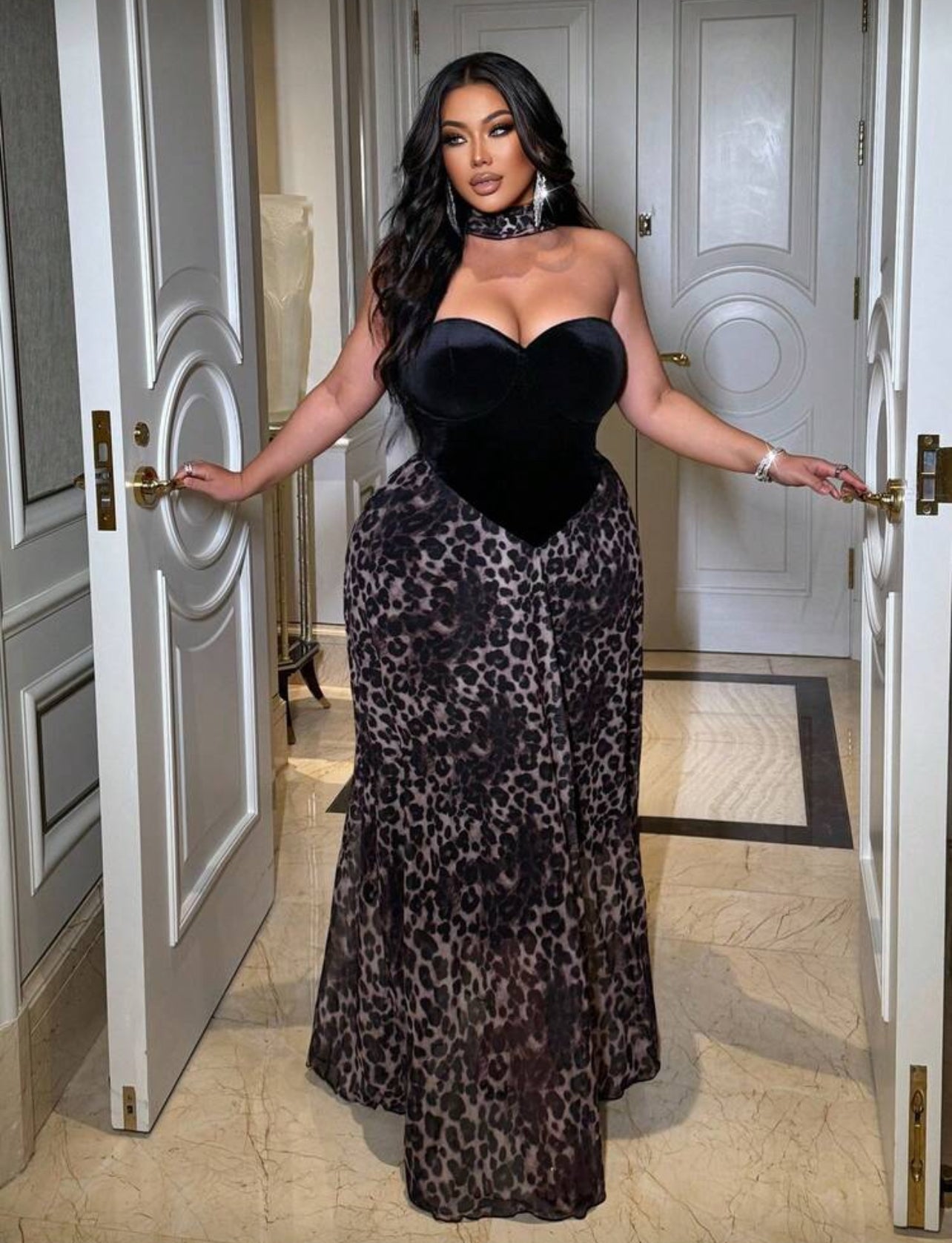 “Velvet Black Cheetah” Evening Dress Plus Size with Scarf