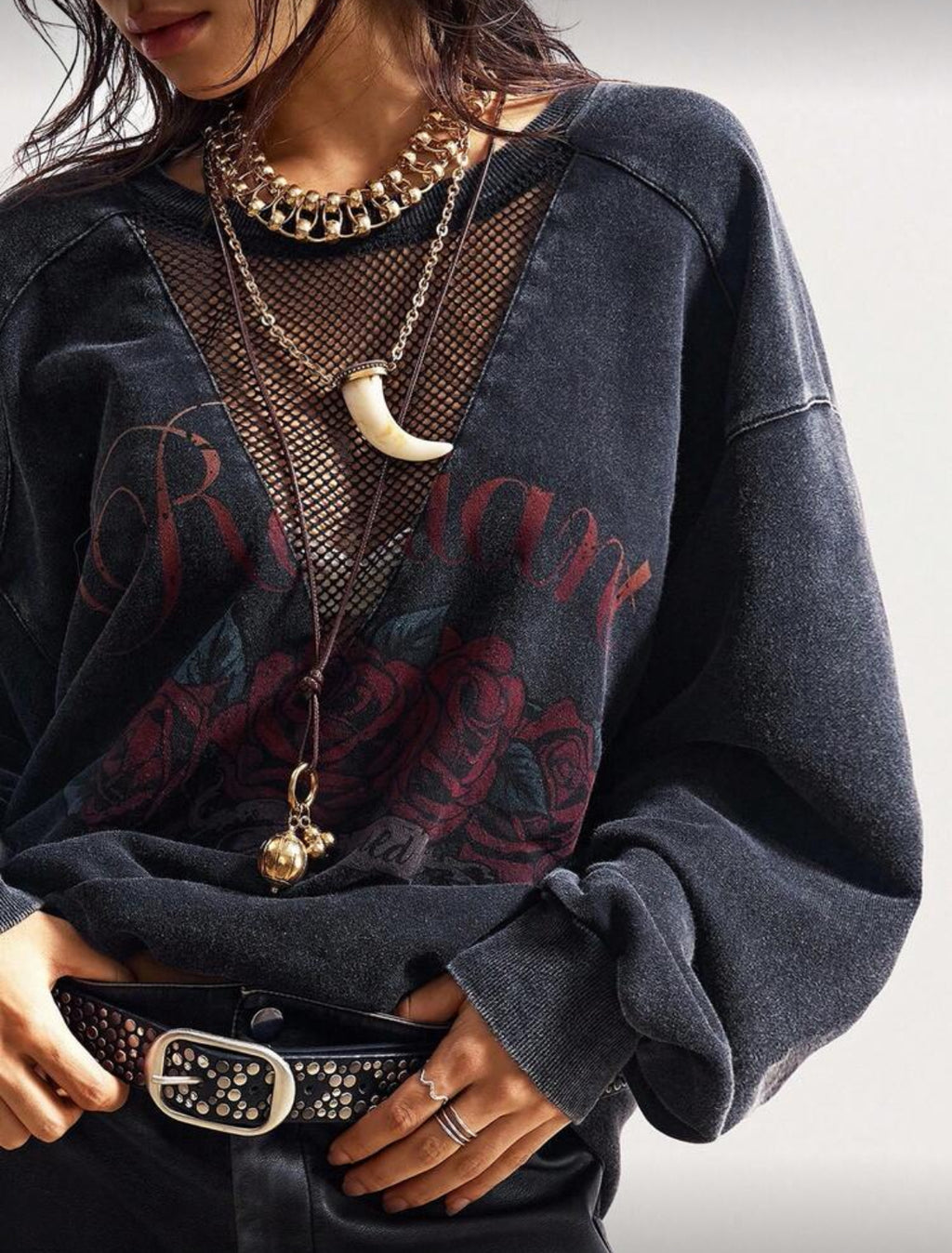 “Grunge” Mesh Crew Neck Washed Black Sweatshirt