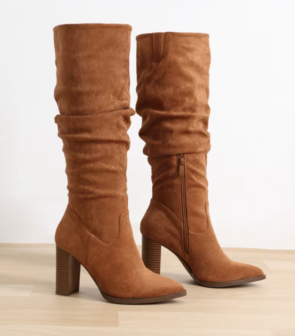 Suede Slouchy Knee-High Boots With a Chunky Block Heel Pointed Toe Side Zipper & Pull Accent