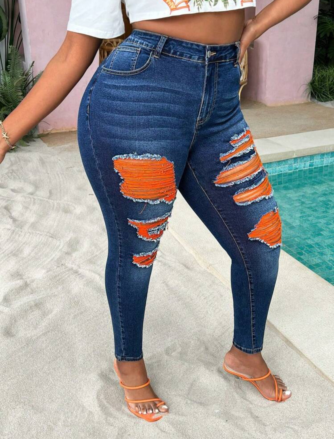 ‘Citrus’ Posh Curve Orange Ripped Blue Denim Skinny Jeans