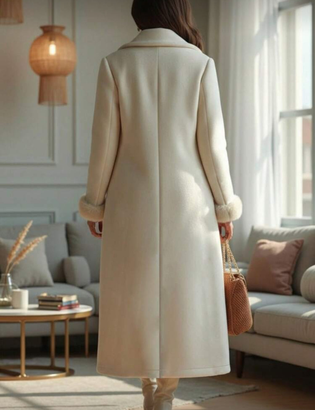 Sophisticated Beige Woven Faux Fur Overcoats with Gold Button Pockets Up To 4XL