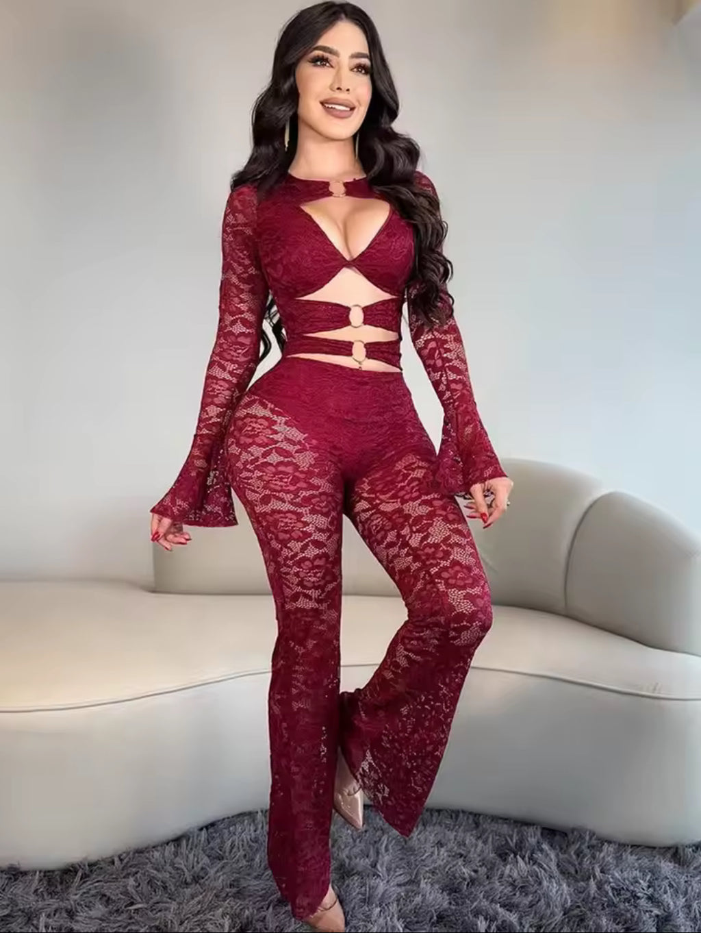 Jacquard Women’s Elegant Sexy Hollow Ring Crop Tops+Flare Pants