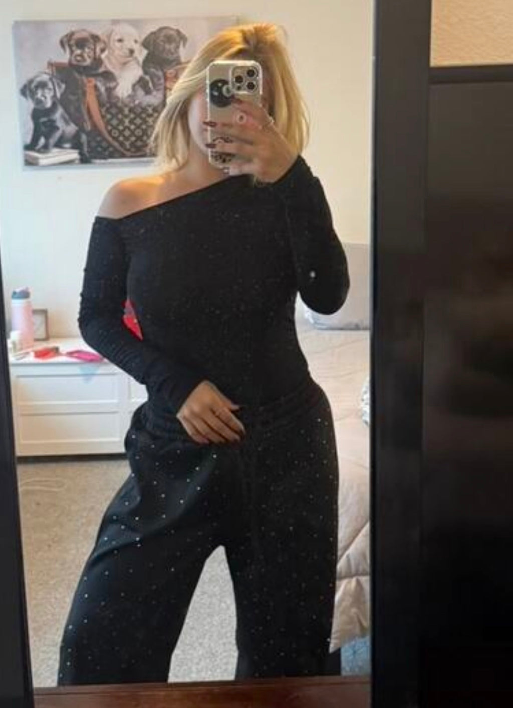 Rhinestone Embellished High Waist Drawstring Loose Fit Sweatpants