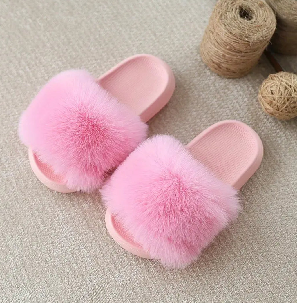 Girls Fluffy Plush Slippers - Slip-On EVA Sole, Non-Slip Comfort