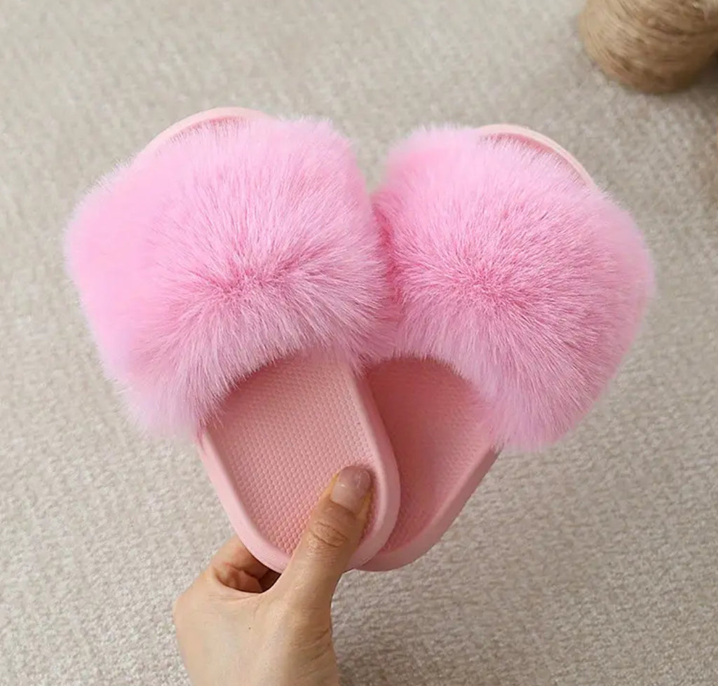 Girls Fluffy Plush Slippers - Slip-On EVA Sole, Non-Slip Comfort