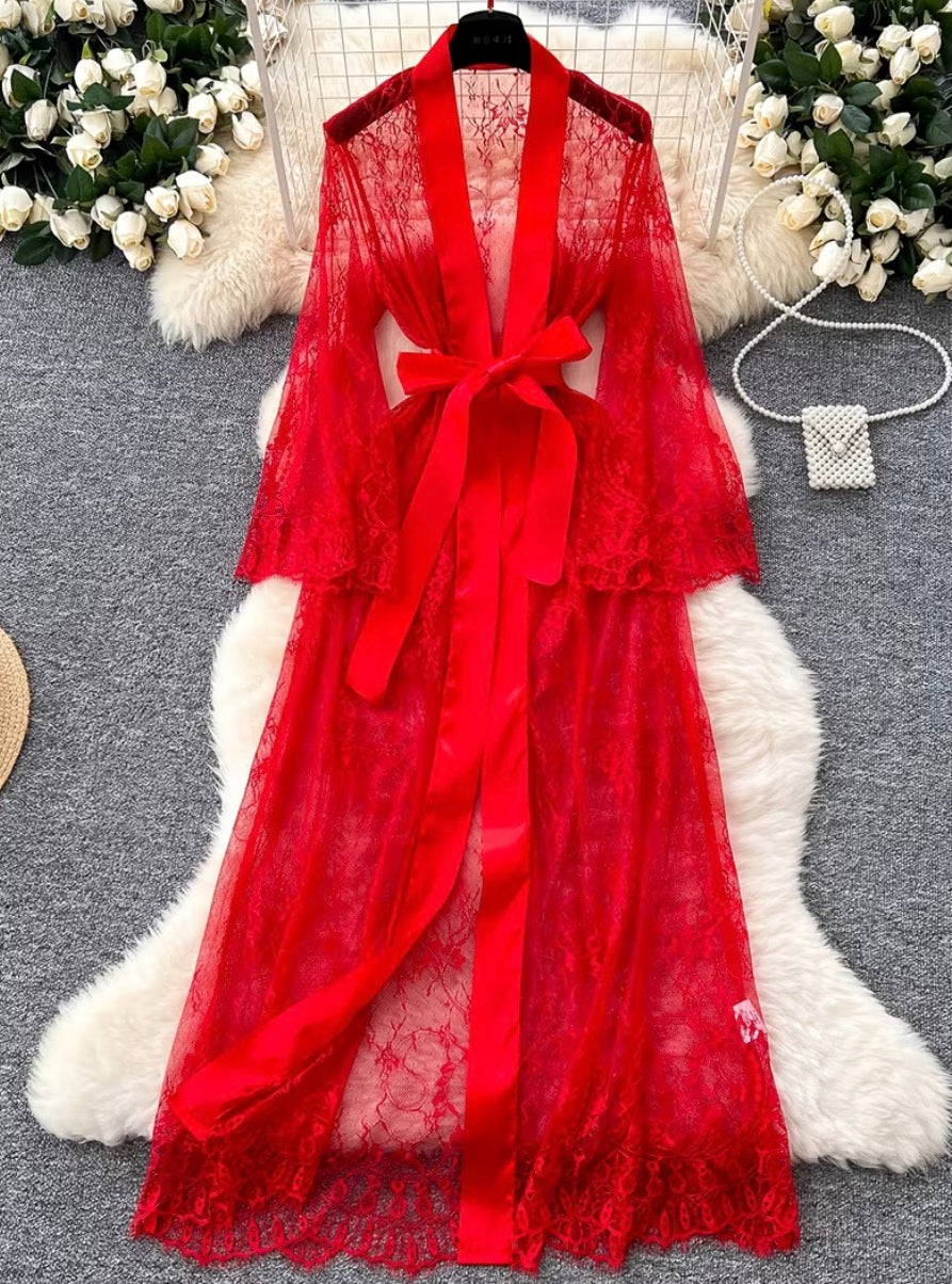 Elegant Floor- Length Sheer Lace Floral Robe