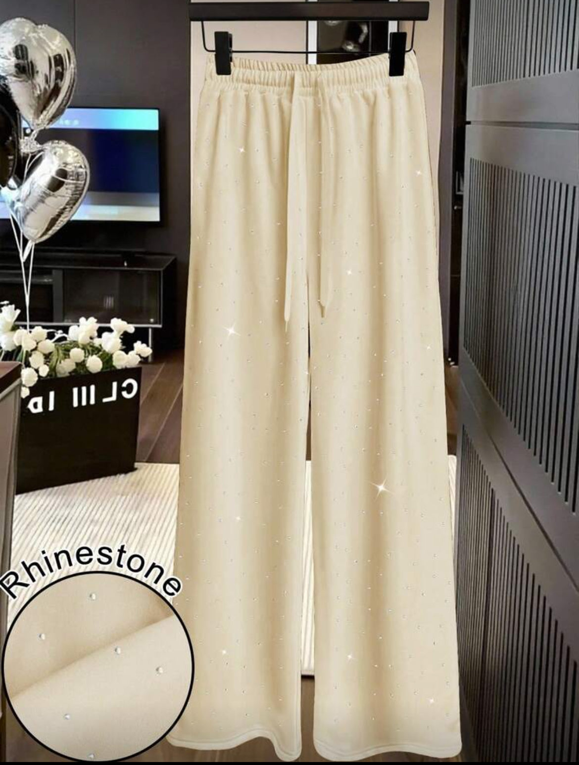 Rhinestone Embellished High Waist Drawstring Loose Fit Sweatpants