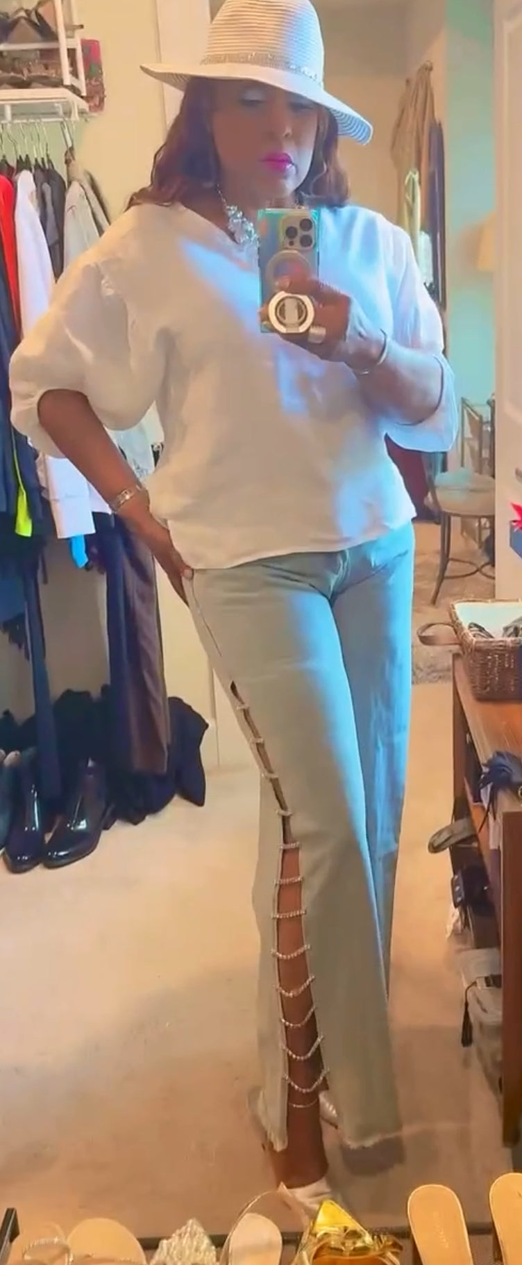 “Rhinestones & Chains” Side Slits, Loose High-Waisted Light Blue Distressed Wide-Leg Jeans