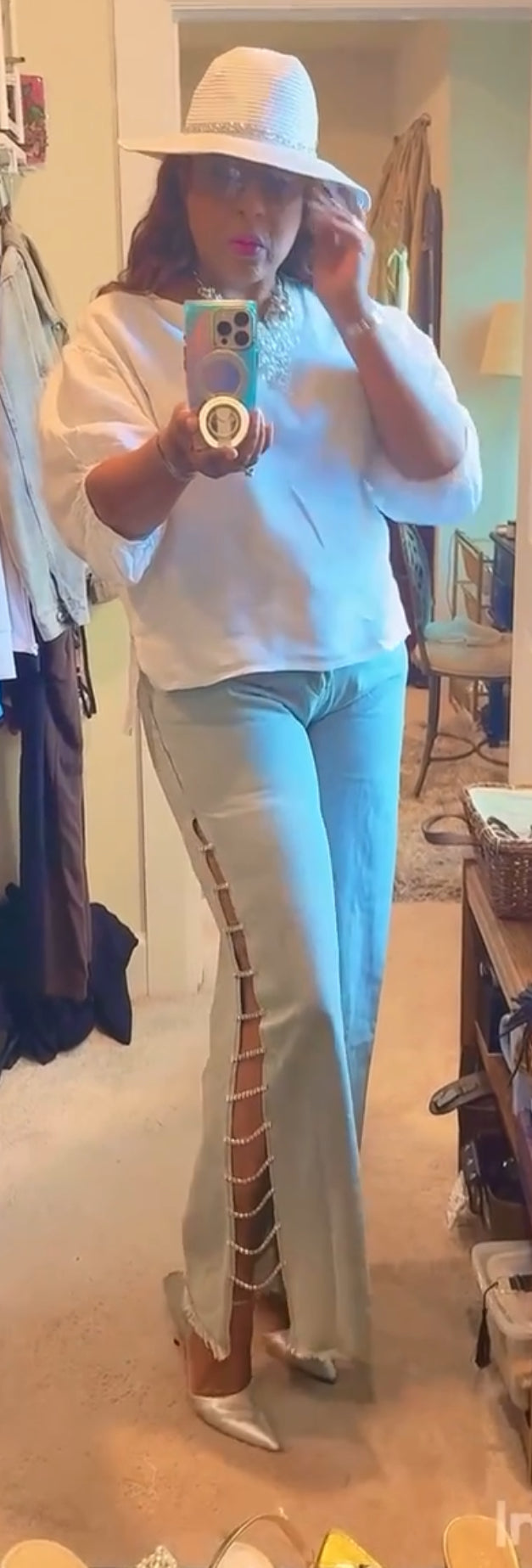 “Rhinestones & Chains” Side Slits, Loose High-Waisted Light Blue Distressed Wide-Leg Jeans