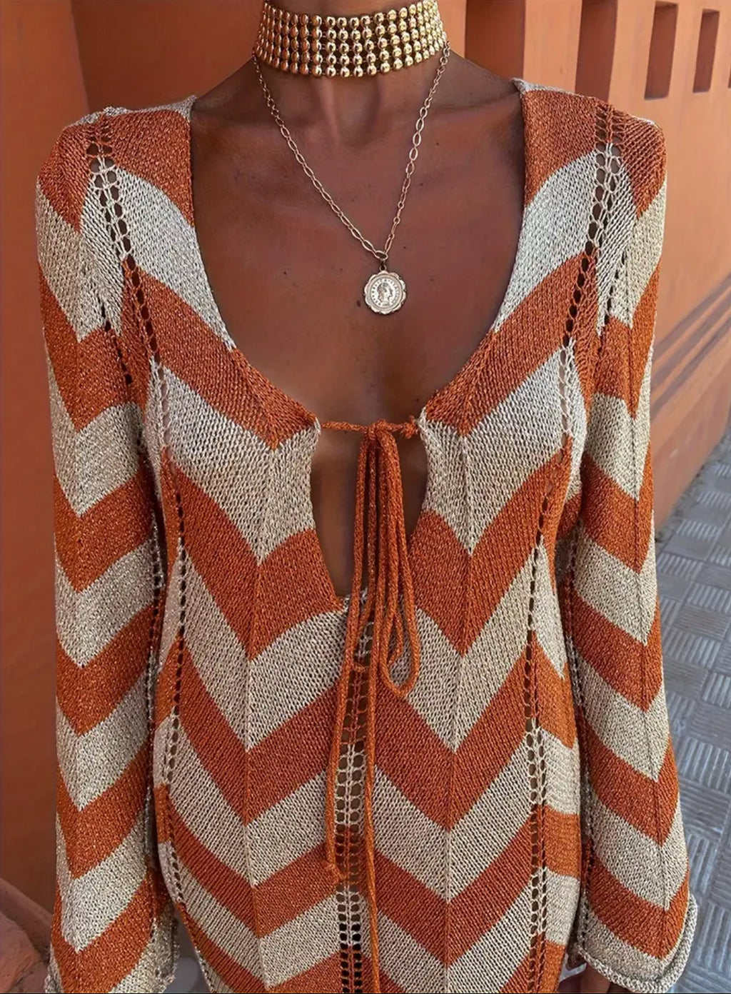 Boho Chic Chevron V-neck Long Dress |Long Dress Tie-Up Low Cut Bust Detail