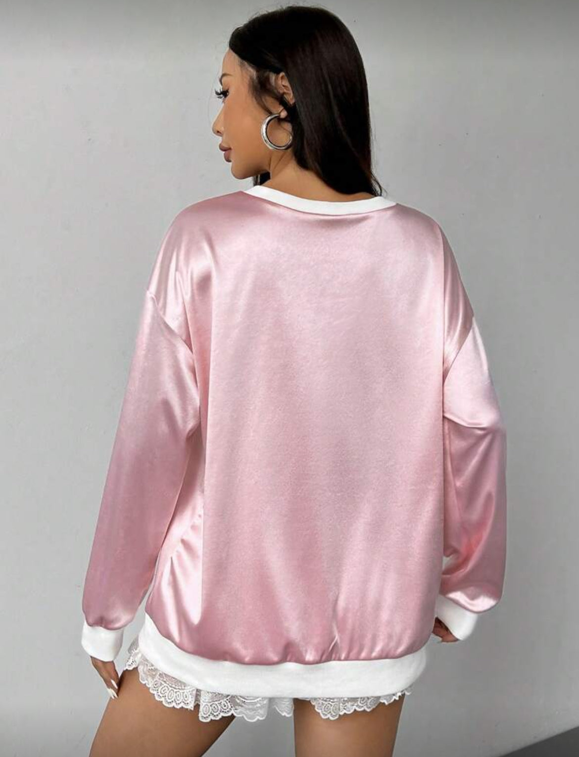 “Los Angeles Sweetheart” Drop Shoulder Long Sleeve V-Neck Satin Sweatshirt 