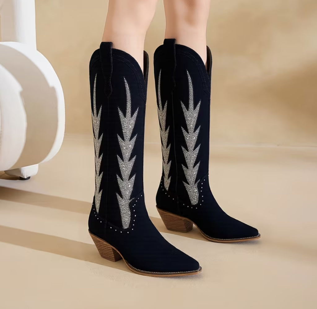 “Flames” Women's Western Cowboy Boots - Rhinestone Embellished Pointed Toe, Chunky Heel Pull-On Knee-High 