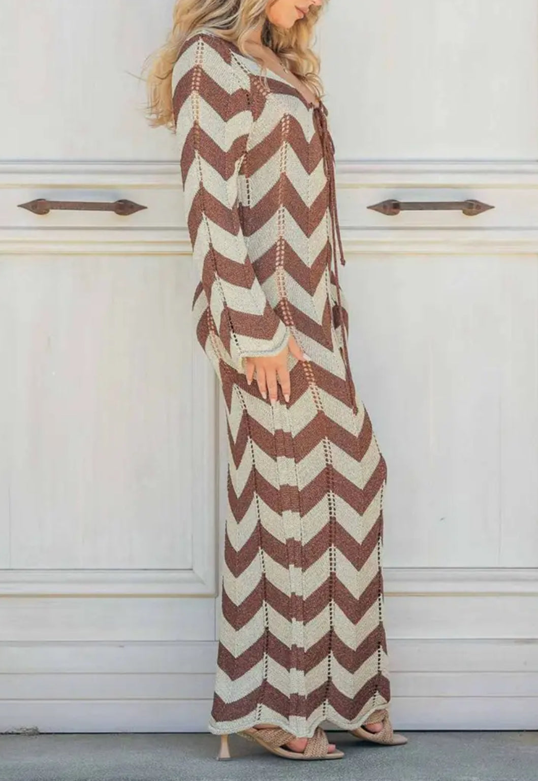 Boho Chic Chevron V-neck Long Dress |Long Dress Tie-Up Low Cut Bust Detail