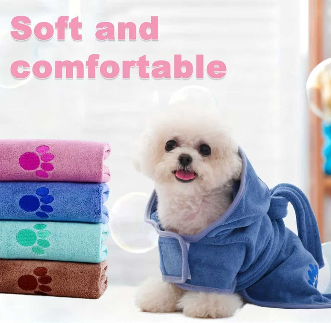 Paw Print Pet Robe 1pc- Adjustable Hook-and-Loop & Rope Closure, Machine Washable 