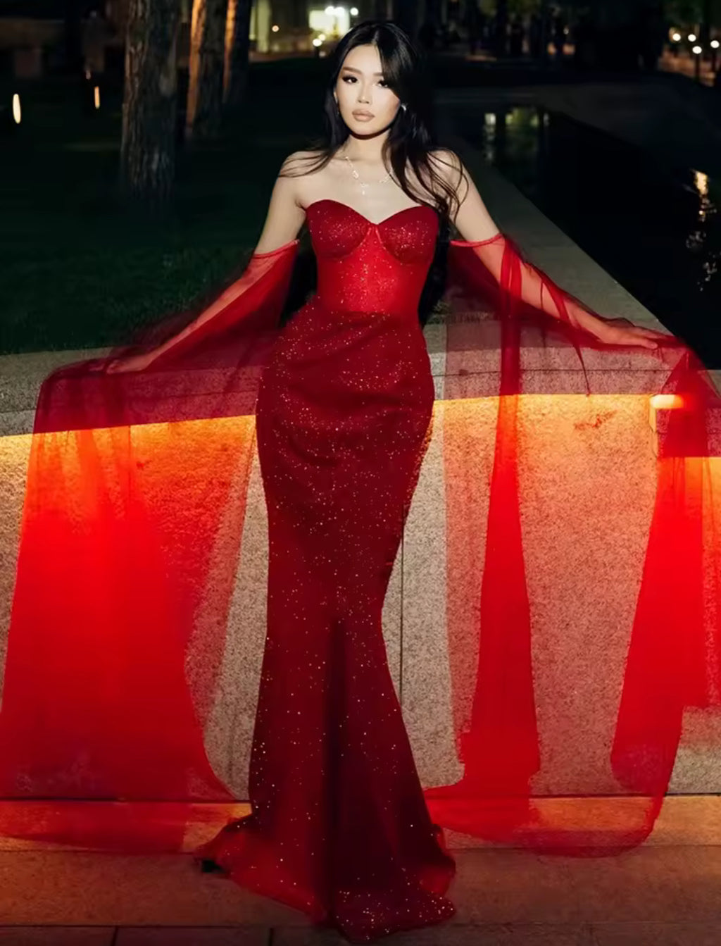 Mermaid Silhouette Glitter Embellished Gown Sweetheart Neckline Dramatic Flowing Sheer Off-The-Shoulder Sleeve