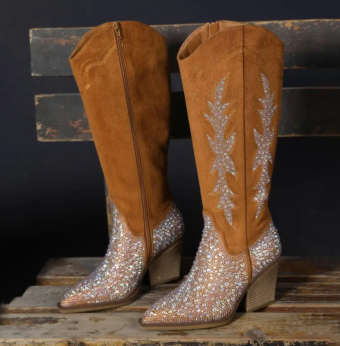 Vintage Embroidered Sparkling Rhinestone Chunky Heel Mid-Calf Boots