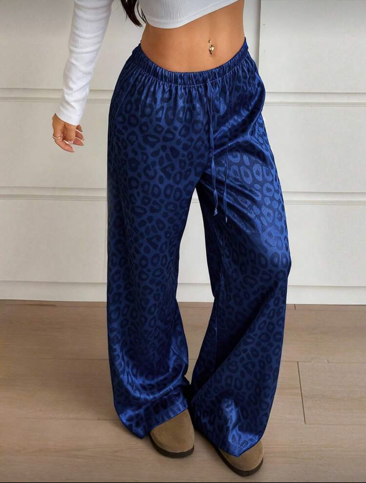 Leopard Print Pajama Pants Relaxed Wide-leg Fit, Drawstring Waist