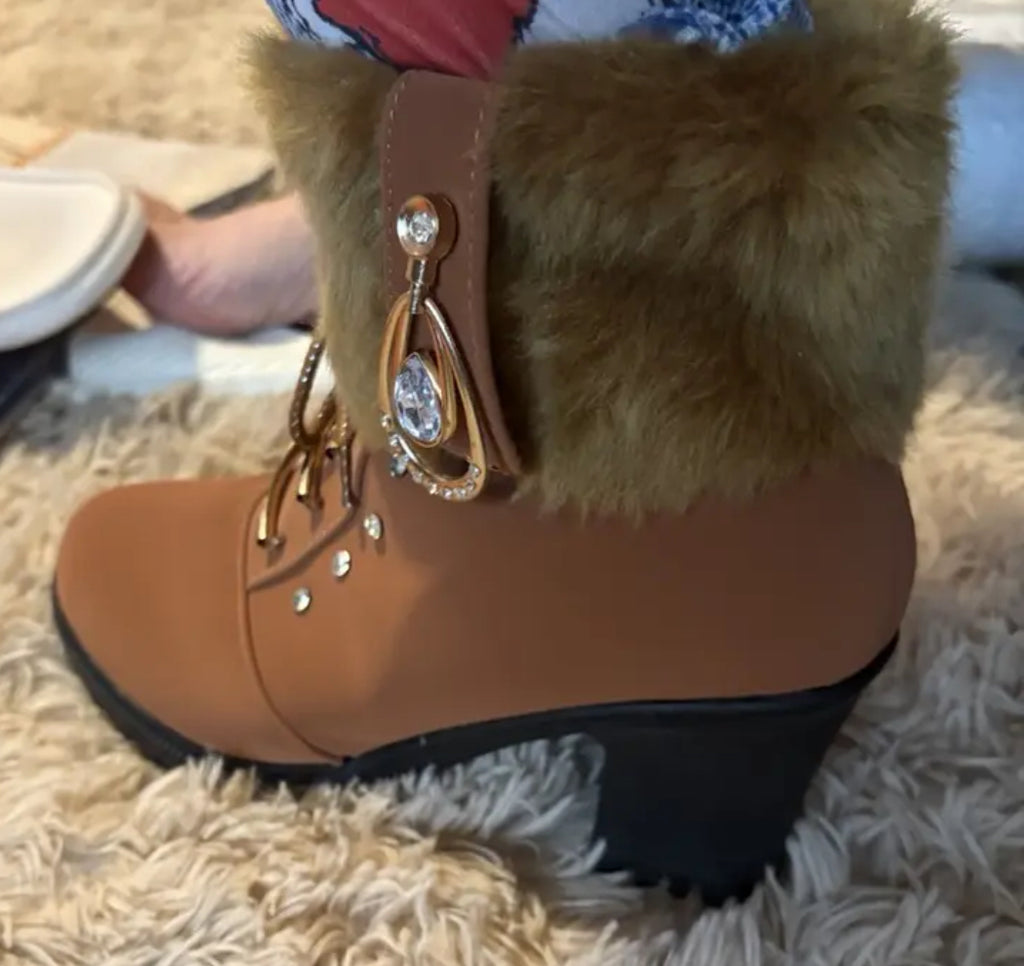 “Rhinestones” Chunky Heel Faux Fur Trim Mid-Calf Boots with Side Zipper by