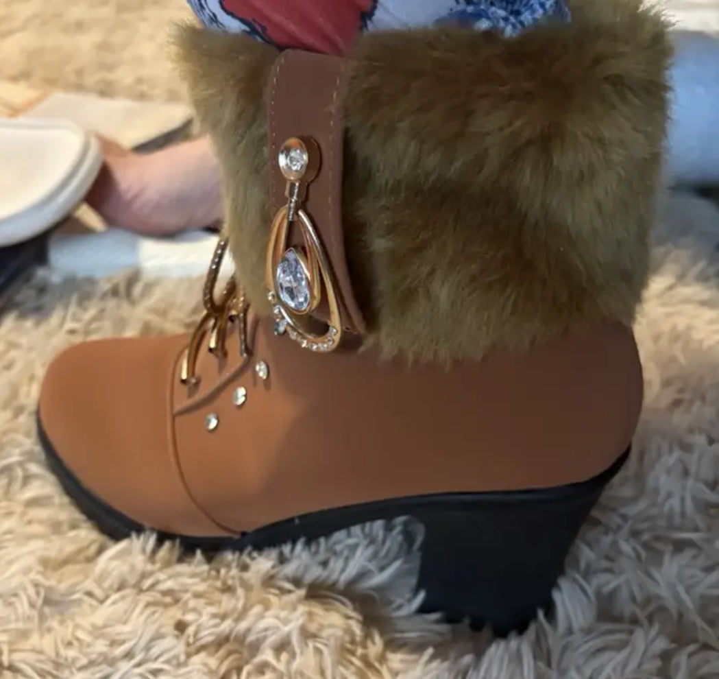 “Rhinestones” Chunky Heel Faux Fur Trim Mid-Calf Boots with Side Zipper by