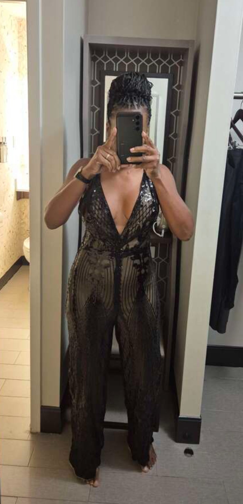 Women's Sequin Deep V-Neck Wide Leg Jumpsuit