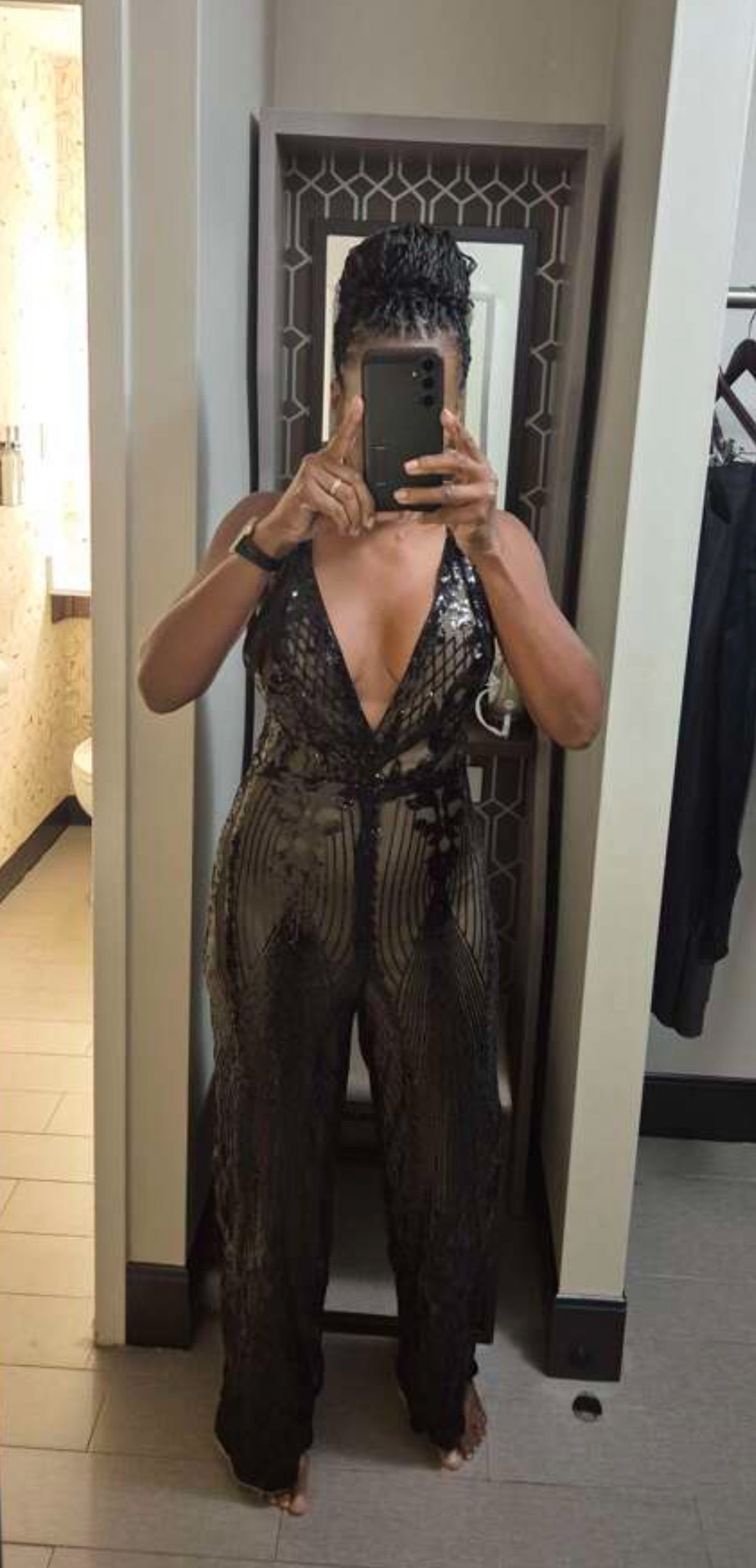 Women's Sequin Deep V-Neck Wide Leg Jumpsuit