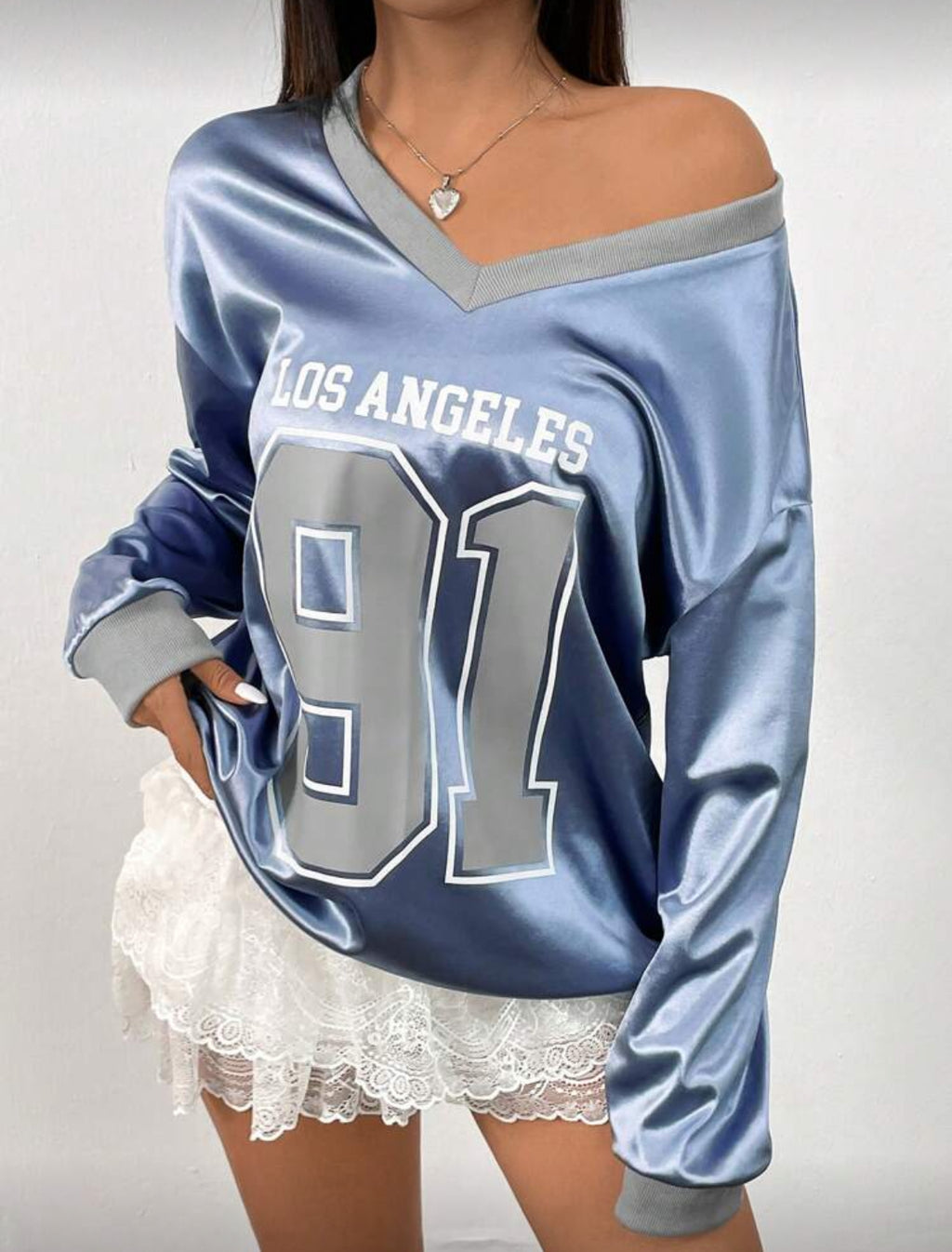 “Los Angeles Sweetheart” Drop Shoulder Long Sleeve V-Neck Satin Sweatshirt 
