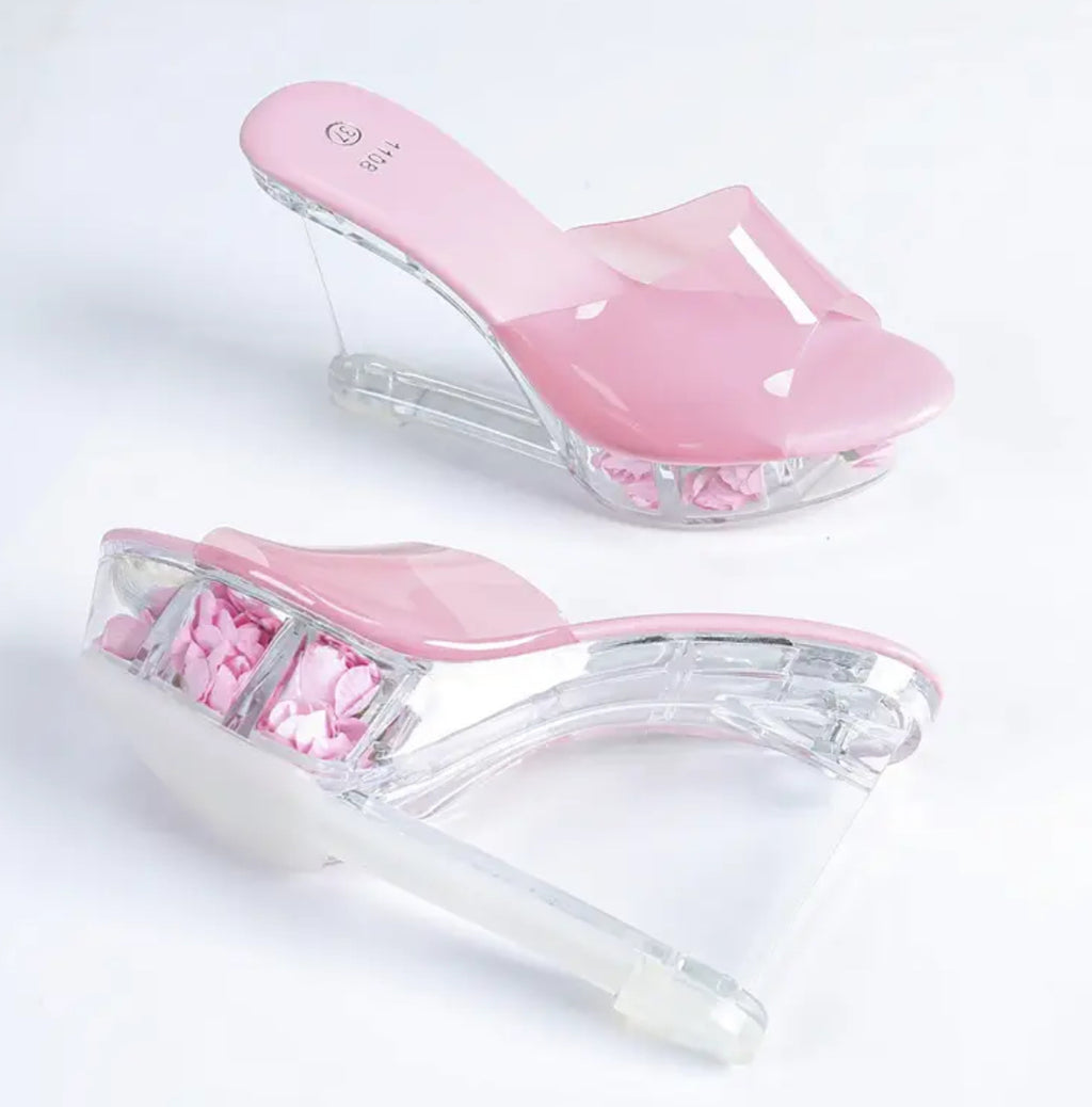 Women’s Clear Wedge Sandals - Thick Clear Platform Heel, Pink Rose Accents
