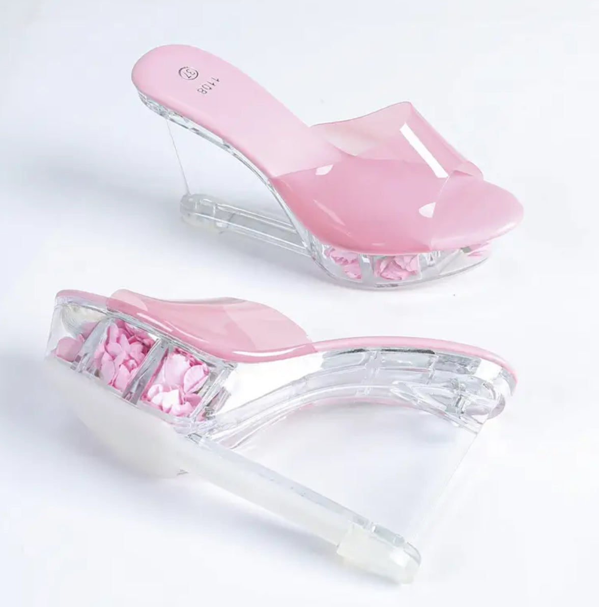 Women’s Clear Wedge Sandals - Thick Clear Platform Heel, Pink Rose Accents
