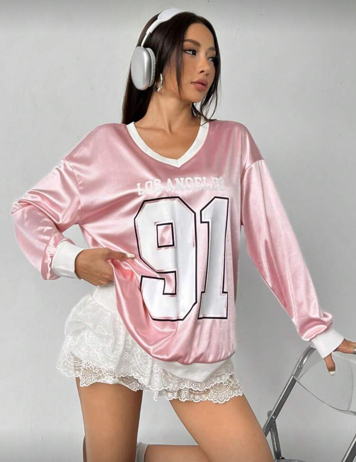 “Los Angeles Sweetheart” Drop Shoulder Long Sleeve V-Neck Satin Sweatshirt 