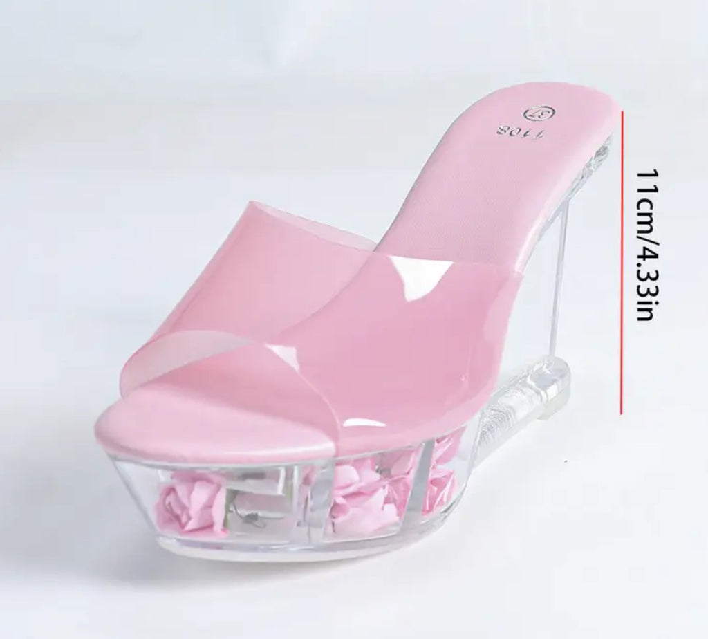 Women’s Clear Wedge Sandals - Thick Clear Platform Heel, Pink Rose Accents