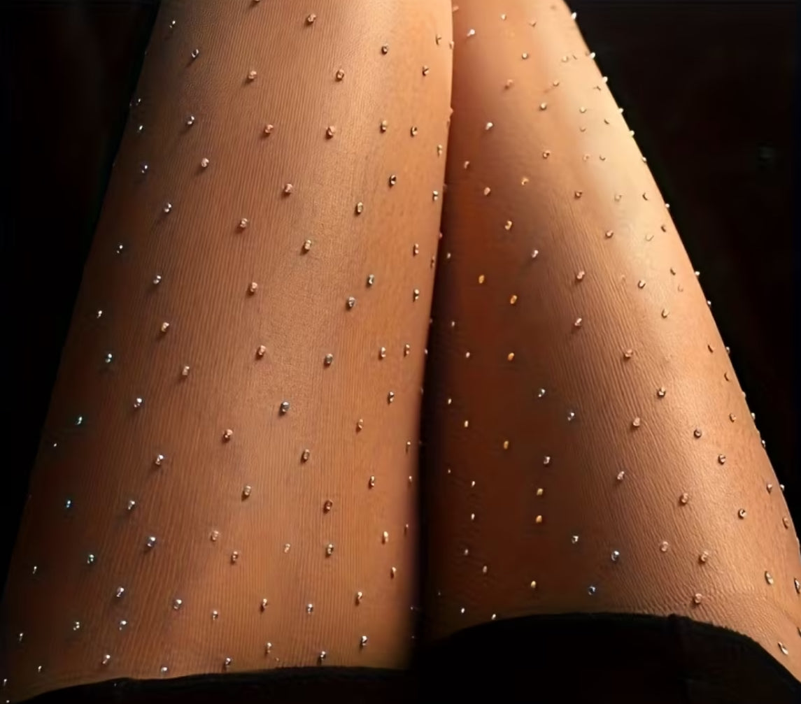 “Diamond” Women's Sparkling Pearls & Rhinestones Sheer Pantyhose - Shimmering Tights  (Hand Wash Only)