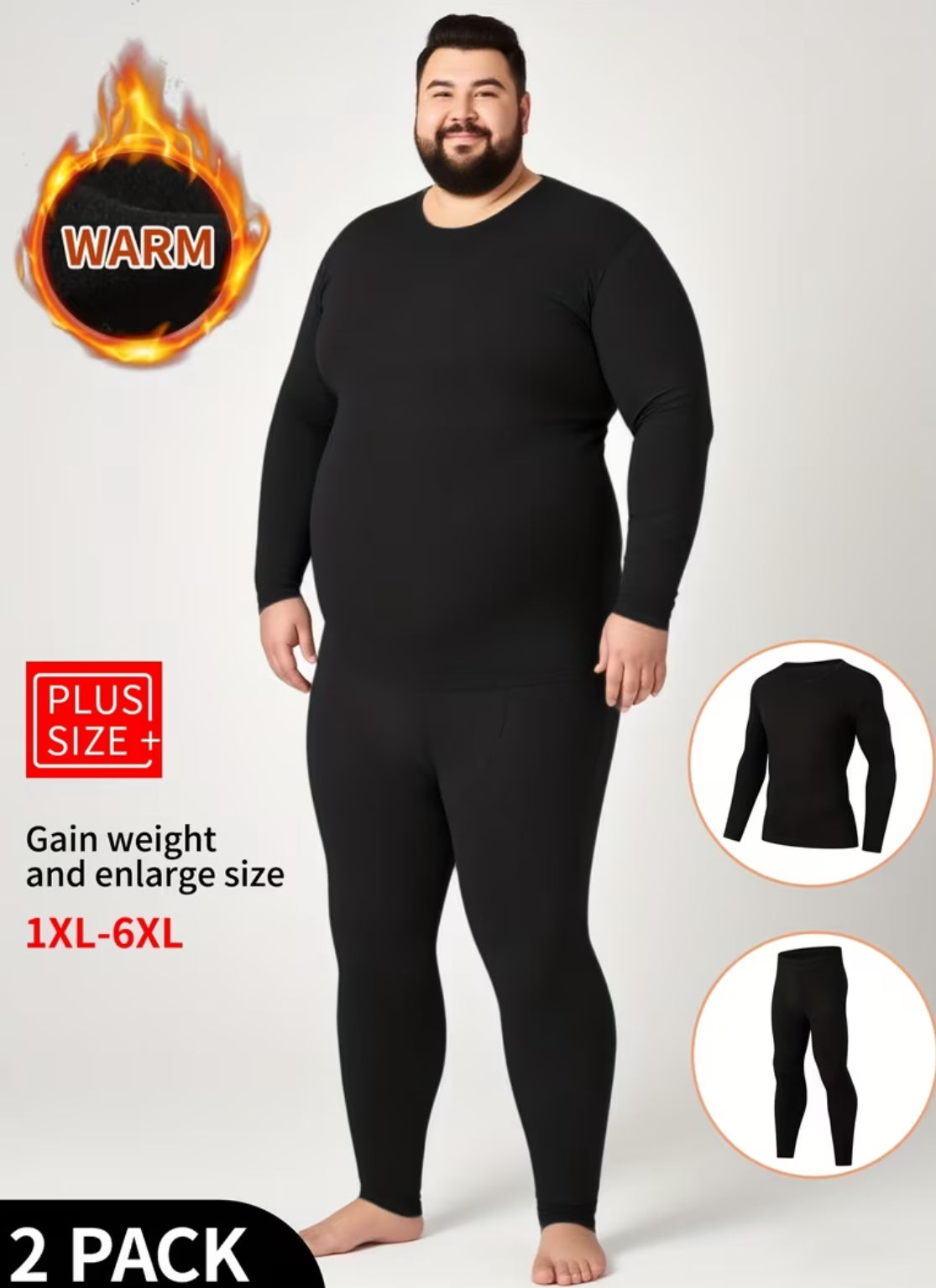 Men’s Plus Size & Tall Thermal Layering 2pcs Set Long Sleeve T-Shirt + Pants Up To 6XL