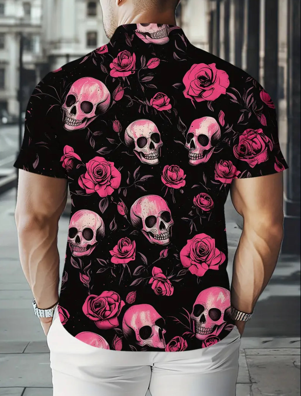 Men’s Skulls & Roses Gothic Short Sleeve Shirt - Button Collar All-Over Pattern