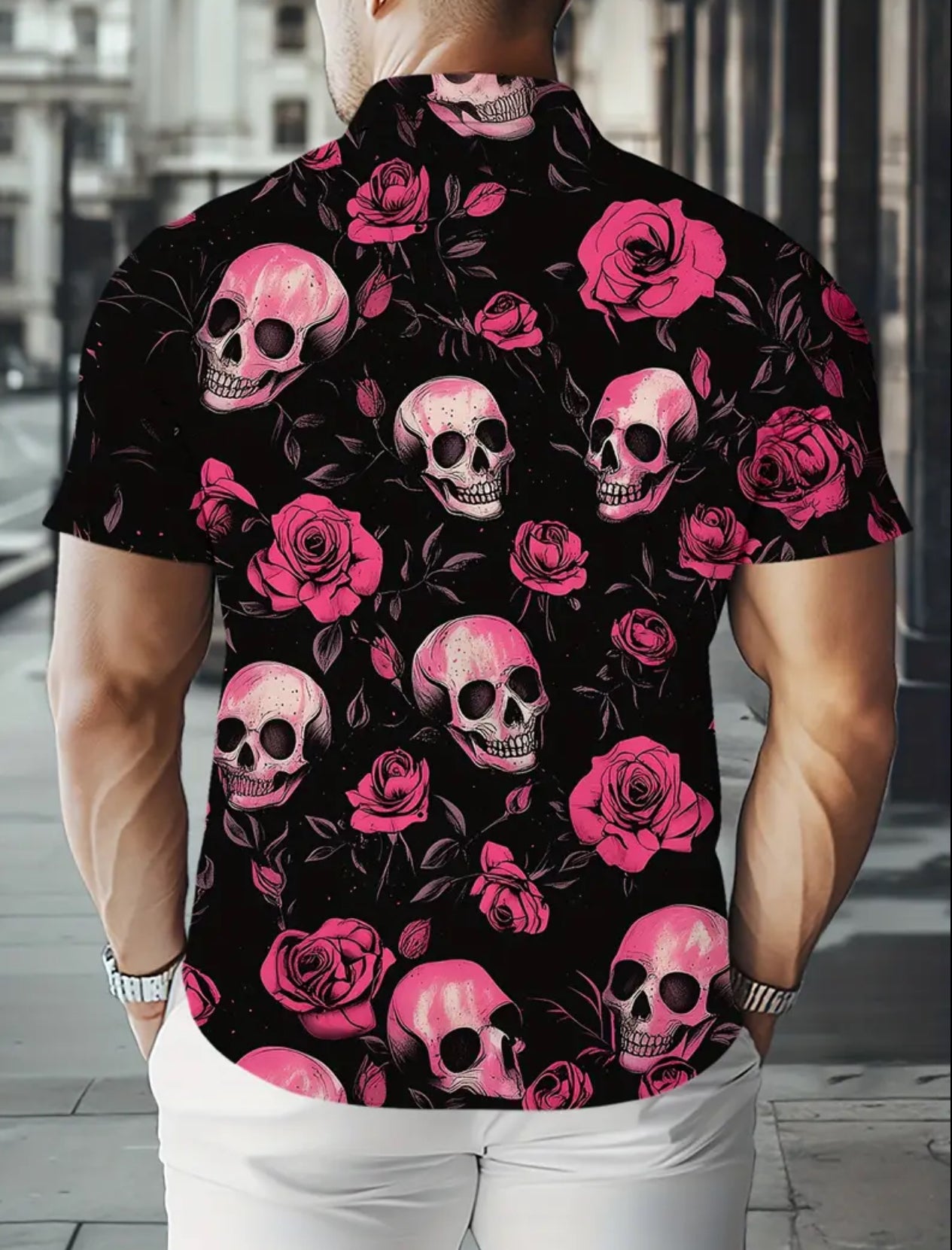 Men’s Skulls & Roses Gothic Short Sleeve Shirt - Button Collar All-Over Pattern