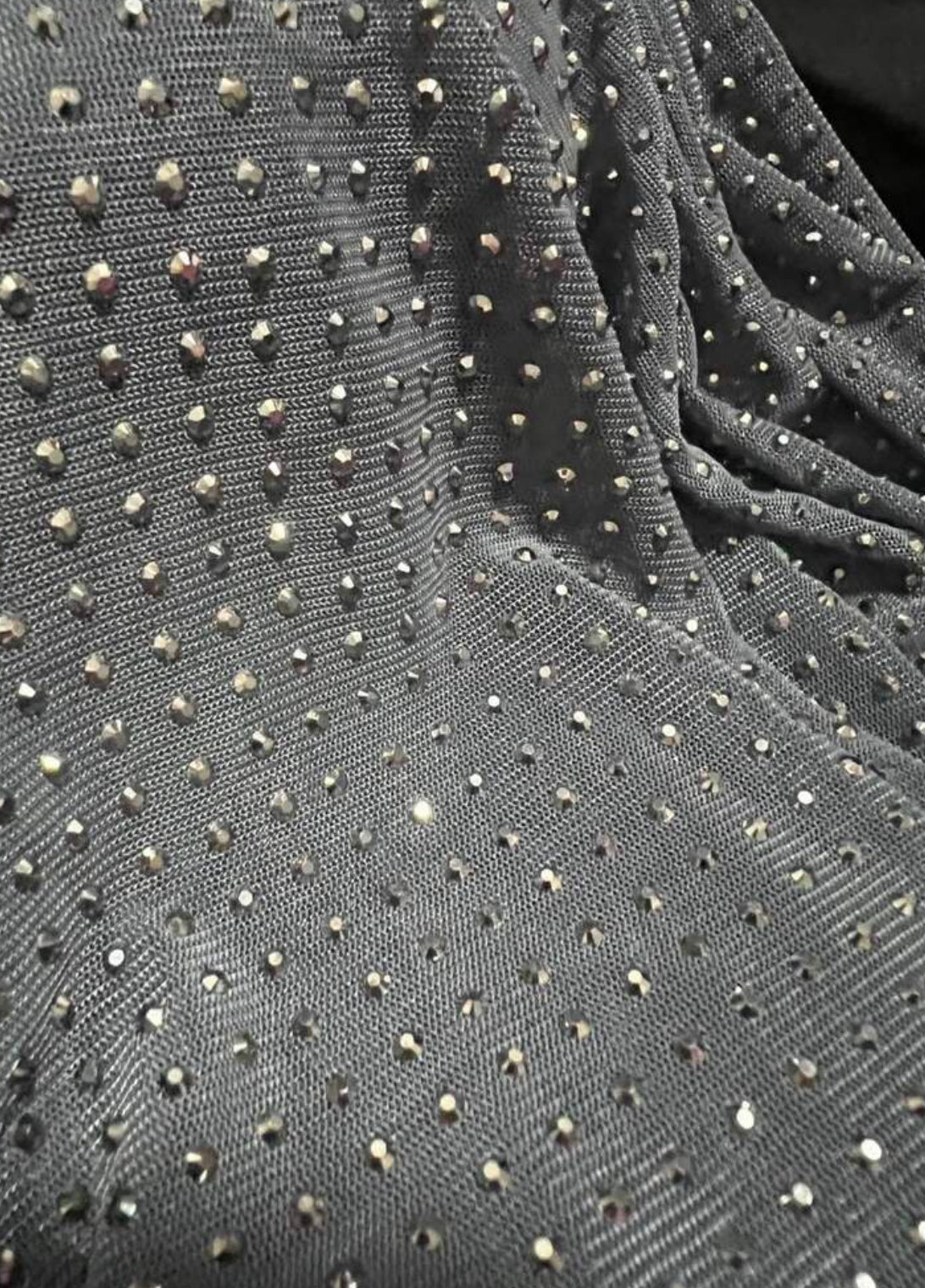 Gray Fashion Wear, Sparkling Rhinestone Decor- Fitted Sheer Mesh Crop Top