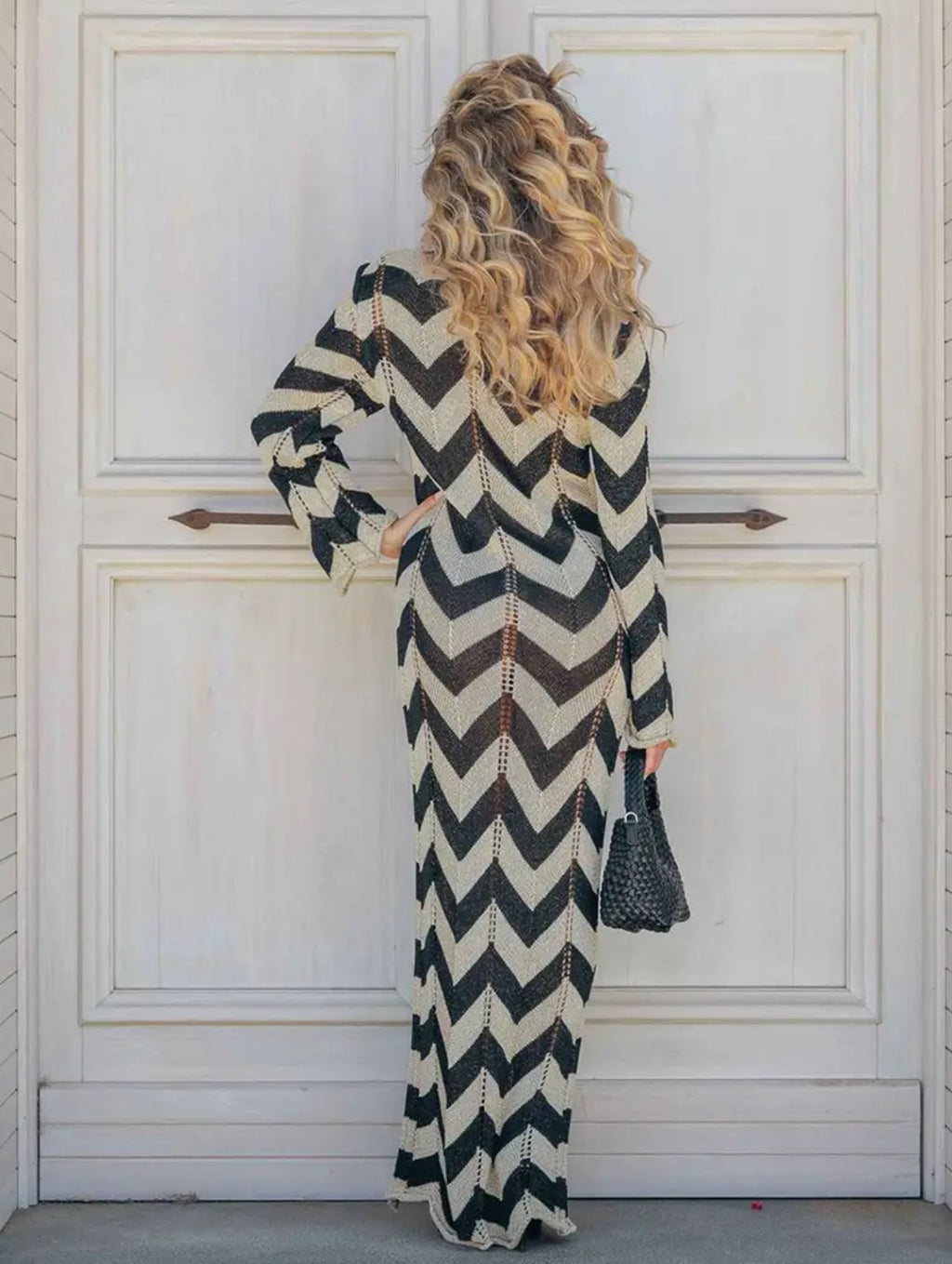Boho Chic Chevron V-neck Long Dress |Long Dress Tie-Up Low Cut Bust Detail